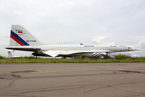 Zhukovsky, Moscow Region, Russia - August 21, 2015: Tupolev Tu-144LL RA-77114 of Tupolev Design Bureau standing Zhukovsky during MAKS-2015 airshow.