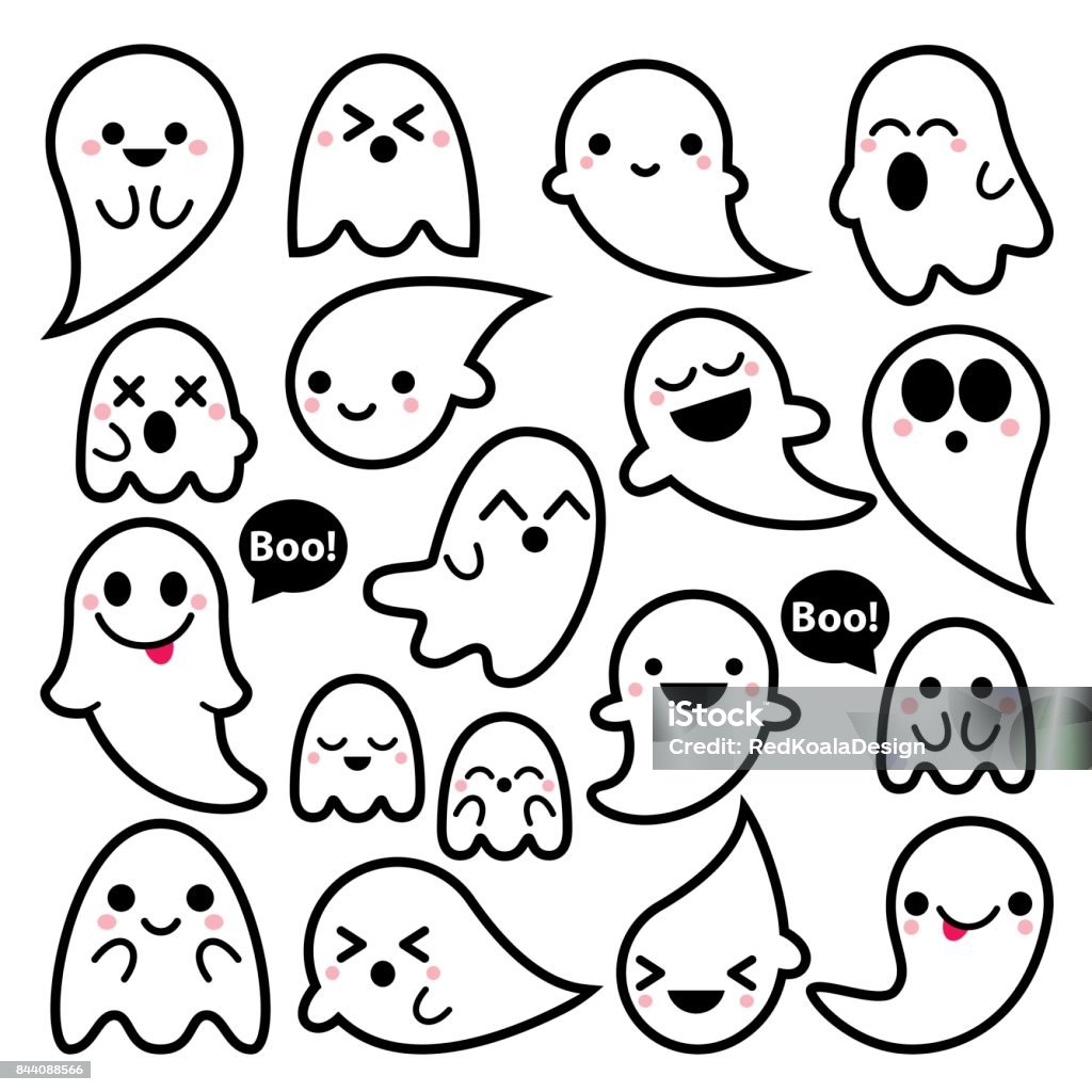 Cute vector ghosts icons, Halloween design set, Kawaii black stroke ghost collection on white background Cartoon ghost characters - happy, surprised, scary, smiling, Halloween decorations Ghost stock vector