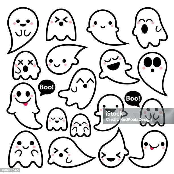 Cute Vector Ghosts Icons Halloween Design Set Kawaii Black Stroke Ghost Collection On White Background Stock Illustration - Download Image Now