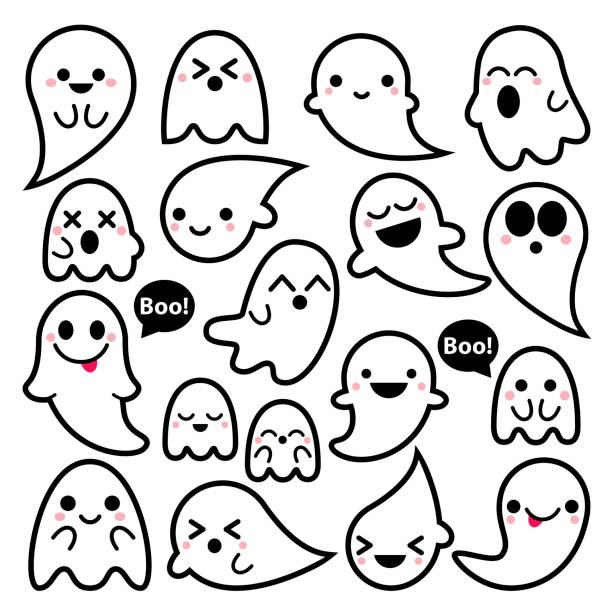  Iconos de fantasmas vectoriales lindos Conjunto de diseño de Halloween Colección de fantasmas Kawaii Borde negro sobre fondo blanco Ilustración disponible
