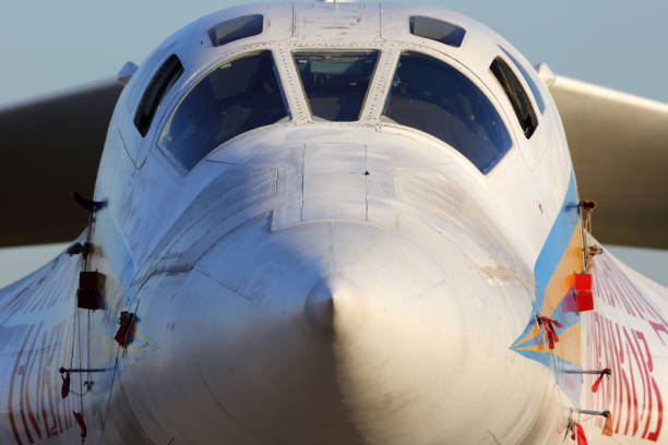 Tupolev Tu-160 RF-94109 of Russian air force standing at Zhukovsky during MAKS-2015 airshow. Zhukovsky, Moscow Region, Russia - August 21, 2015: Tupolev Tu-160 RF-94109 of Russian air force standing at Zhukovsky during MAKS-2015 airshow. tu160 stock pictures, royalty-free photos & images