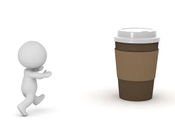 3D character running toward a paper coffee cup. Isolated on white background.