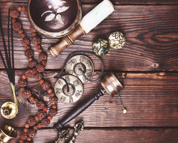 istock Tibetan singing bowl and other religious ritual instruments for meditation 844094966