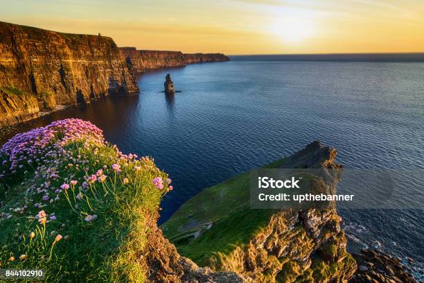 Sunset At The Cliffs Of Moher In County Clare Ireland Beautiful Evening Scenic View From The Wild Atlantic Way Stock Photo - Download Image Now