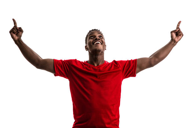 Fan / Sport Player on red uniform celebrating on white background