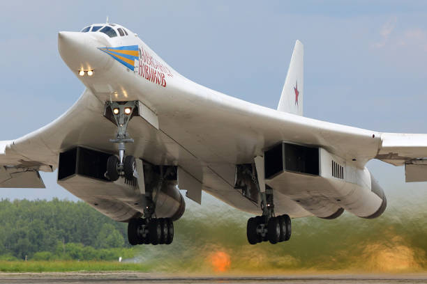 Tupolev Tu-160M RF-94109 modern strategic bomber airplane of russian air force takes off at Kubinka air force base after Army-2015 military forum. stock photo