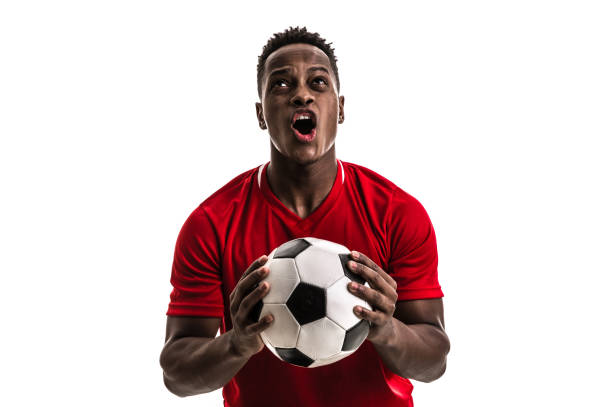 istock Fan / Sport Player on red uniform celebrating on white background 844103684