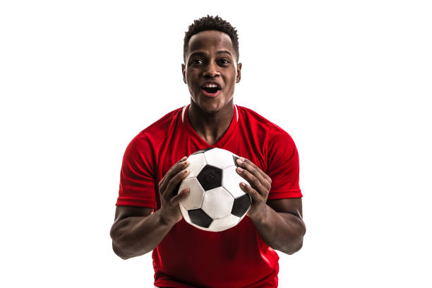 istock Fan / Sport Player on red uniform celebrating on white background 844103686