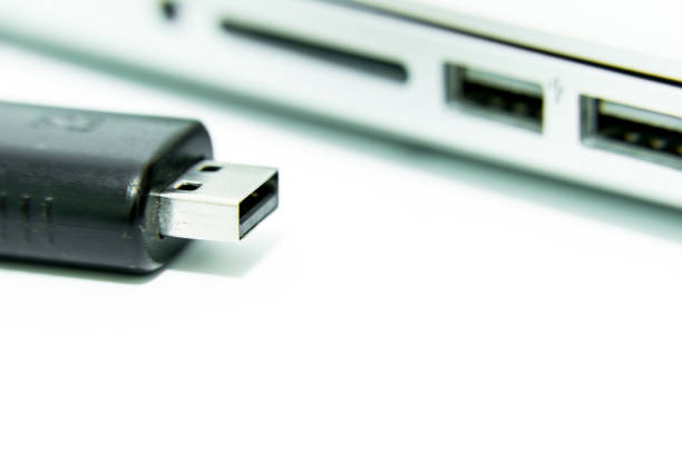 istock Black USB being plugged in computer laptop for copy and transfer data on isolated and white background. 844106124
