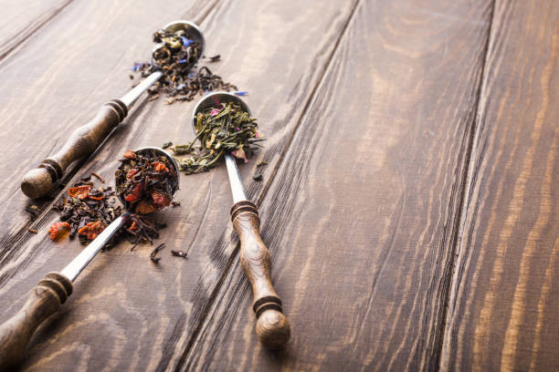 istock Background with different types of tea leaves 844107630