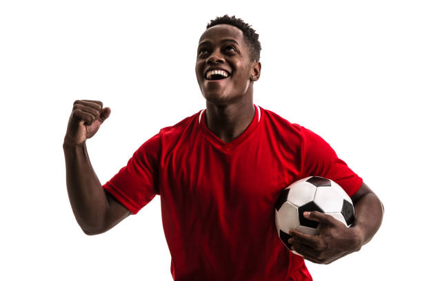 istock Fan / Sport Player on red uniform celebrating on white background 844110106