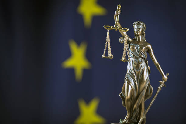 istock Law and Justice symbols. EU flag background. 844110850