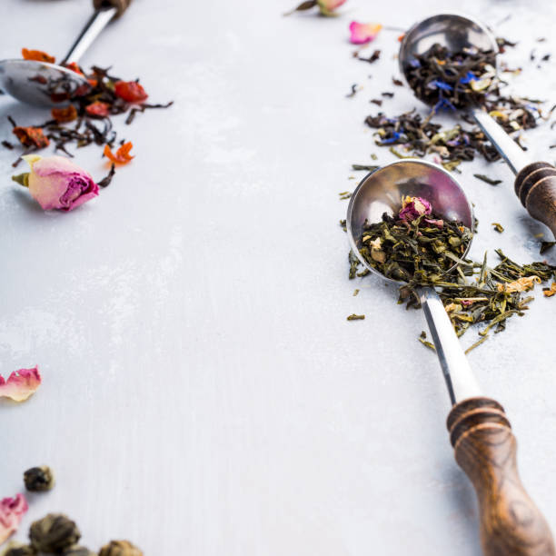 istock Background with different types of tea leaves 844117444