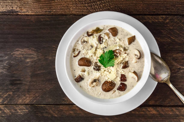istock Plate of mushroom soup, top view with copy space 844118212
