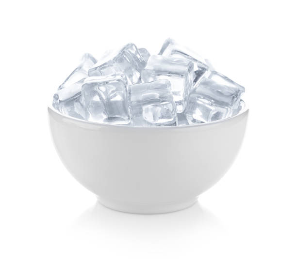 ice cubes in the bowl on white background.