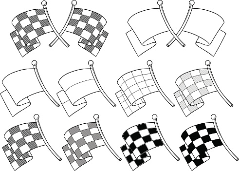 Cartoon graphic black and white crossed racing flag with stick on white background vector set