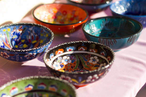 Traditional turkish ceramic dishes and tableware from market