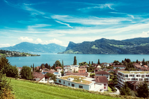 Photo of Lake Lucerne with the town Hergiswil, taken from above.