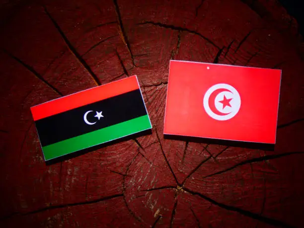 Photo of Libyan flag with Tunisian flag on a tree stump isolated