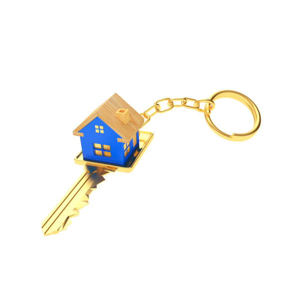 istock Golden key with blue house icon 844129054