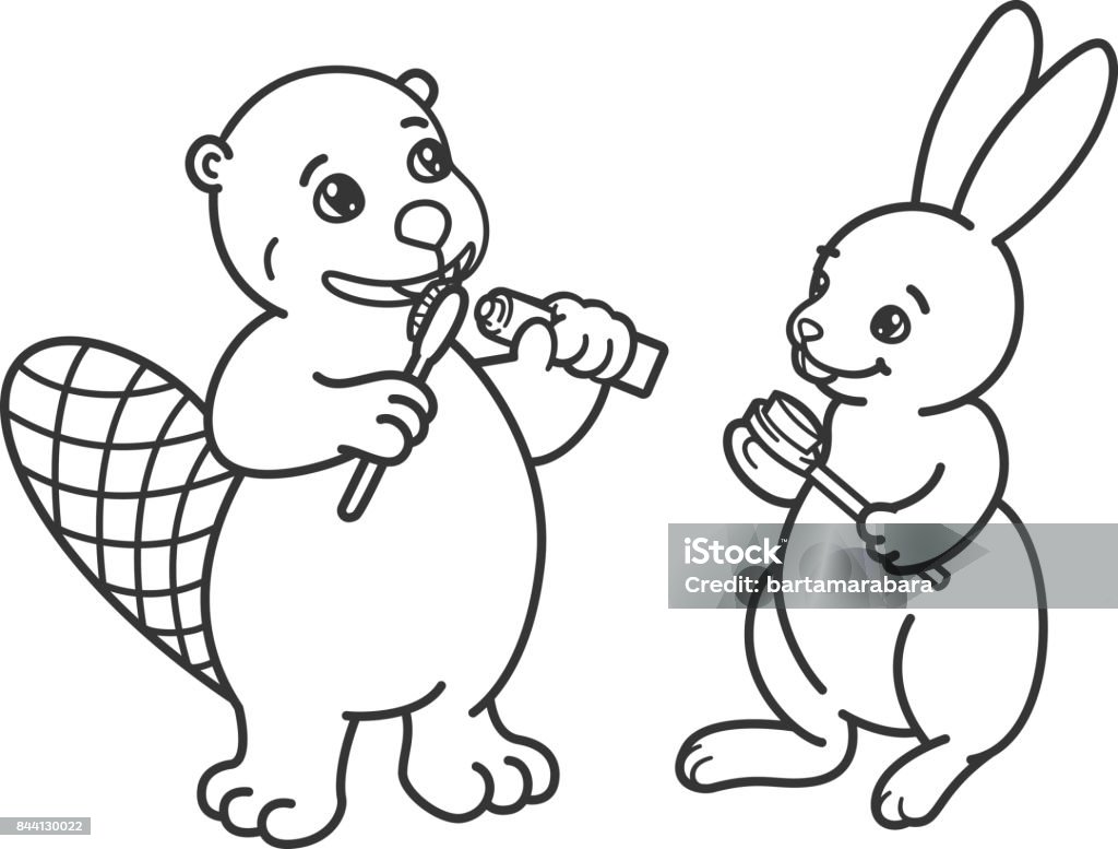 Hare and beaver brush their teeth with toothbrushes. Picture for coloring, outline. Part of a set of images of cute animals dealing with oral hygiene. Holding stock vector