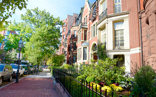 Brownstones in a street, Back Bay, Boston, USA.