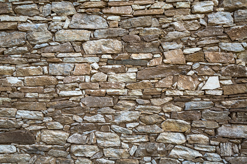 Stone wall with a wooden planks at the Alamo, Texas, USA