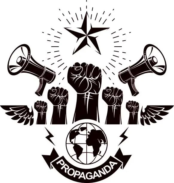 Vector illustration of Marketing banner composed with loudspeakers, raised clenched fists and Earth planet, vector illustration. Propaganda as the means of influence on global public opinion.