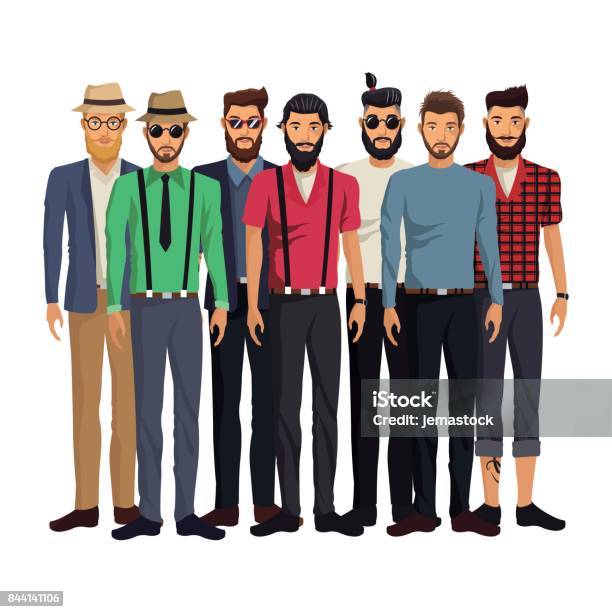 Group Men Style Hispter Bearded Fashionable Stock Illustration - Download Image Now - Beard, Men, Vector