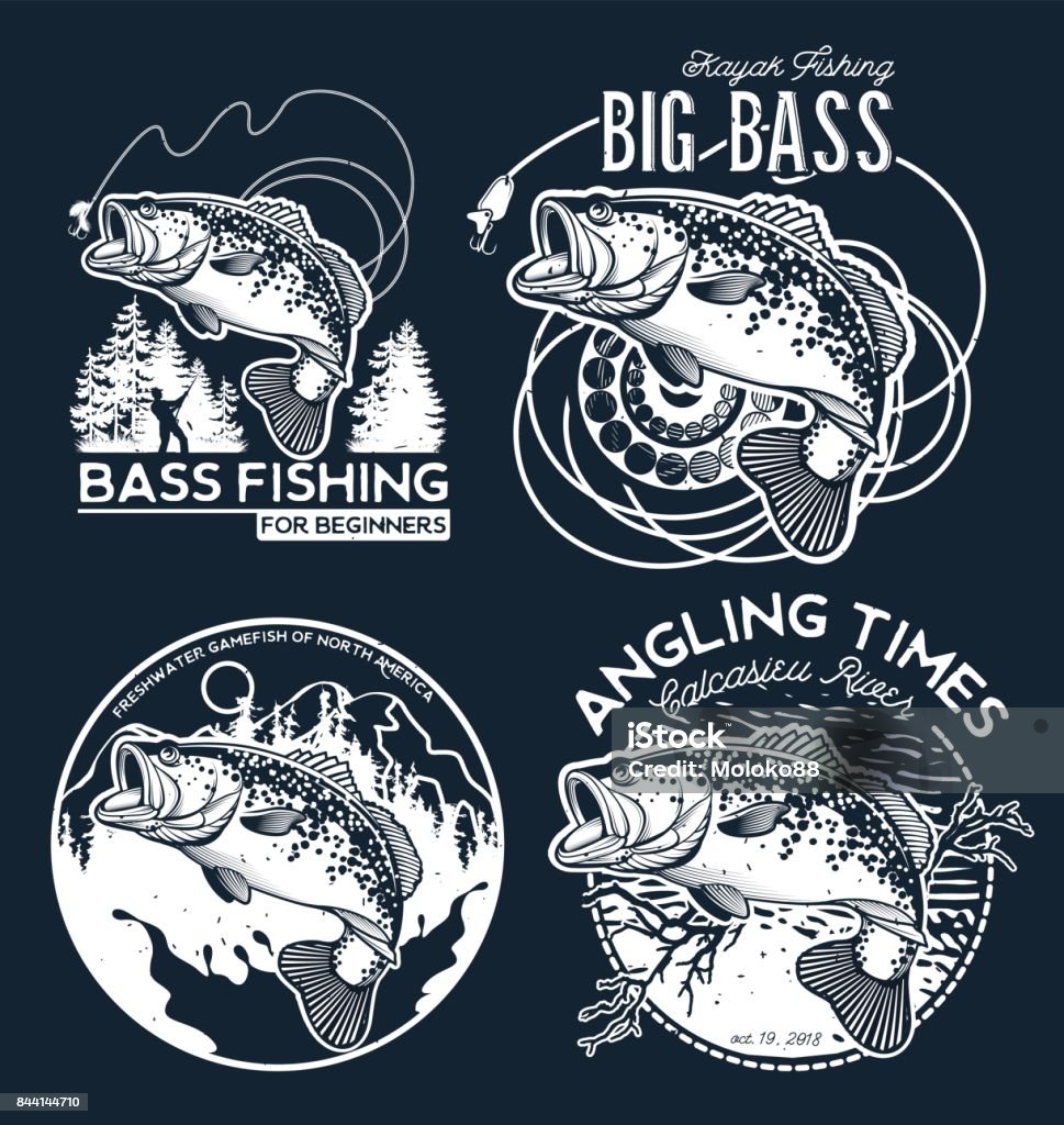 Emblema de Bass Fishing en fondo negro. Ilustración de vector. - arte vectorial de Morónido libre de derechos