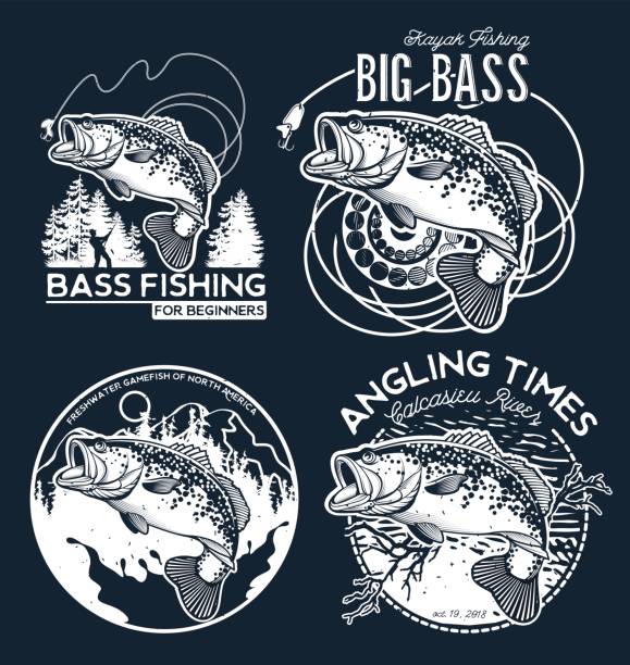 ilustraciones, imágenes clip art, dibujos animados e iconos de stock de emblema de bass fishing en fondo negro. ilustración de vector. - anzuelo de pesca ilustraciones