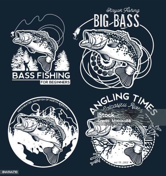 Ilustración de Emblema De Bass Fishing En Fondo Negro Ilustración De Vector y más Vectores Libres de Derechos de Morónido