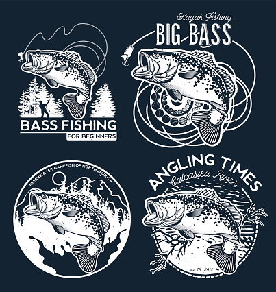 Fishing labels, badges, emblems and design elements. Illustrations of Bass