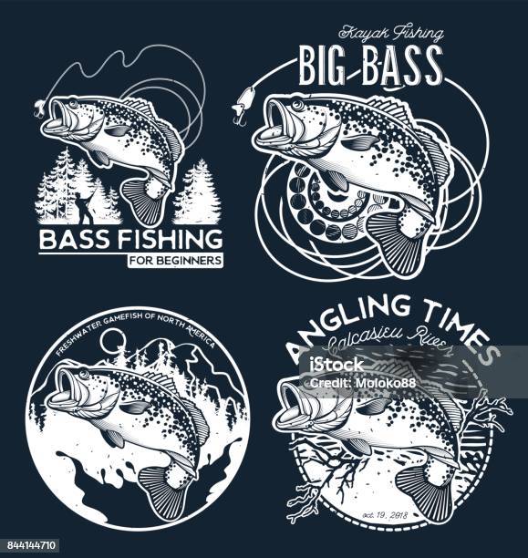 Bass Fishing Emblem On Black Background Vector Illustration Stock Illustration - Download Image Now