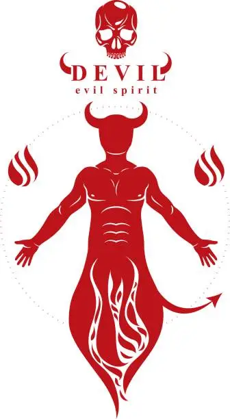 Vector illustration of Vector graphic illustration of muscular human derives from fire. Mystic infernal demon, horned Lucifer, evil forces.