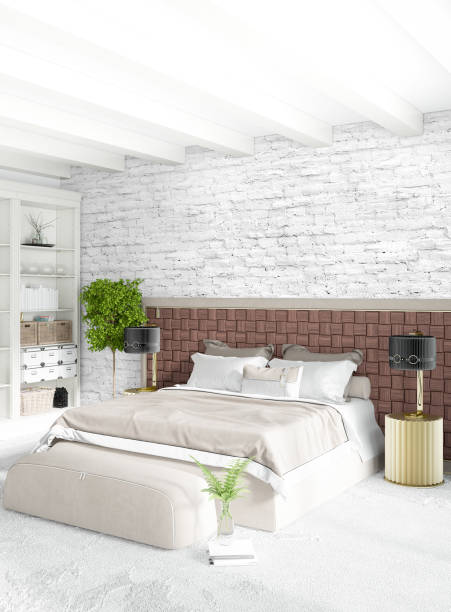 istock Modern loft interior bedroom or living room with eclectic wall with space. 3D rendering. 844152348