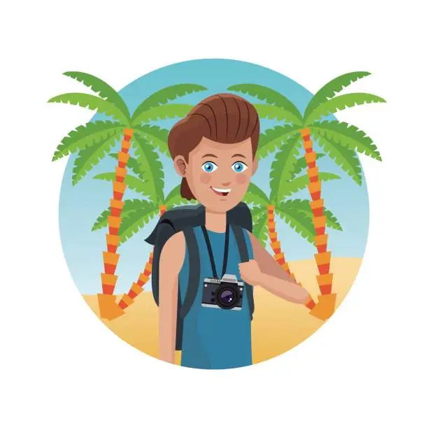 Vector illustration of guy photo camera backpack palm sand beach