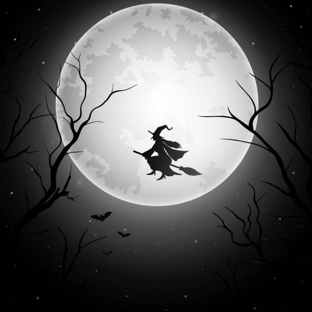 満月の魔女が飛んでハロウィン背景 - bat vampire silhouette halloween点のイラスト素材／クリップアート素材／マンガ素材／アイコン素材