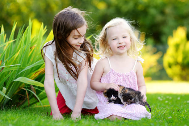 istock Two adorable little sisters playing with small newborn kittens 844157800