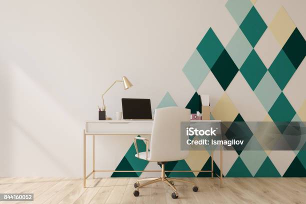 White And Green Diamond Pattern Home Office Stock Photo - Download Image Now - Office, Computer, Domestic Life