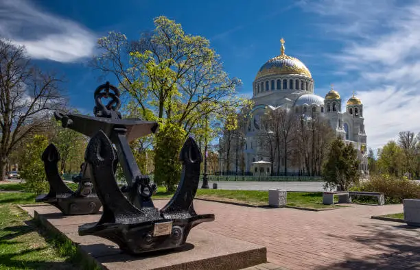 Naval Cathedral of Saint Nicholas and Anchor memorial sign in Kronstadt, Russia