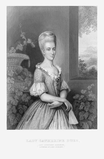 Beautifully Illustrated Antique Engraved Victorian Illustration of a Portrait of Lady Catherine Duer, Circa 1780. Source: The republican Court; American Society in the Days of Washington, By Rufus Wilmot Griswold. Published in 1867. Original edition from my own archives. Copyright has expired on this artwork. Digitally restored.