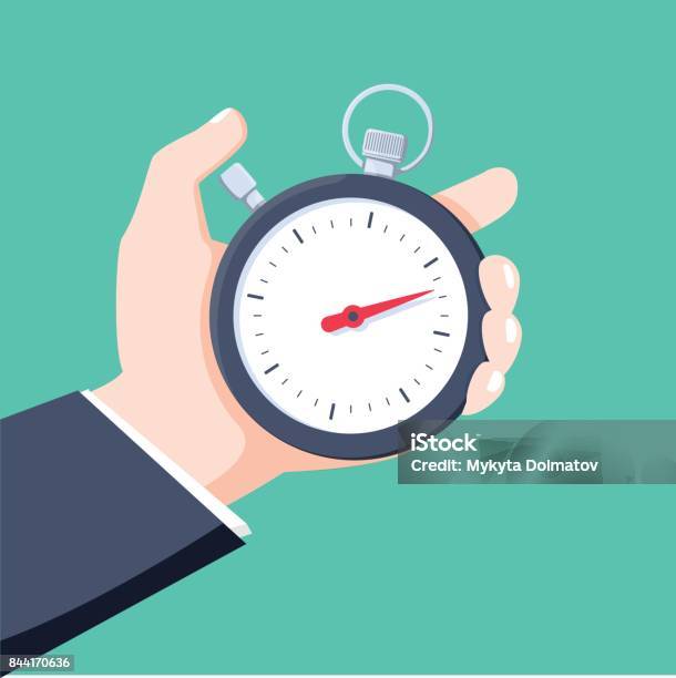 Man Holds In His Hand A Sports Stopwatch Time Management Concept Vector Illustration Stock Illustration - Download Image Now