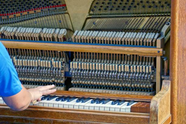 istock the person's hand presses the keys in the open piano 844175304