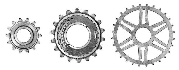 sprzęt rowerowy - engraved image gear old fashioned machine part stock illustrations