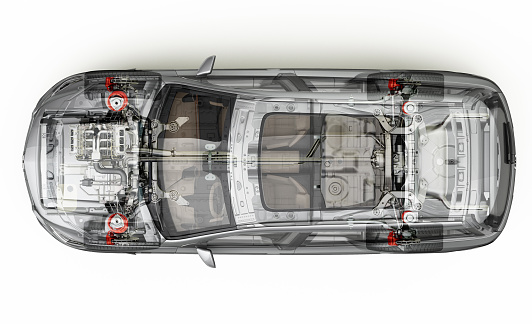 Suv detailed cutaway representation, view from top. With ghost effect. On white background, clipping path included.