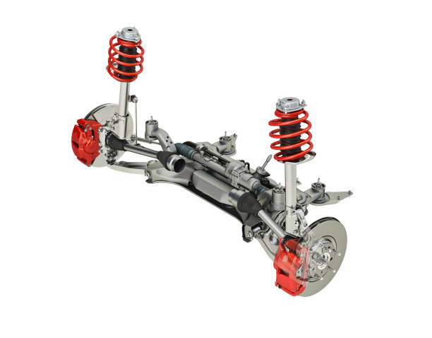 Multi link front SUV car suspension, with brakes. Multi link front SUV car suspension, with brakes. perspective view. On white background, clipping path included. 3D rendering. multiengine stock pictures, royalty-free photos & images