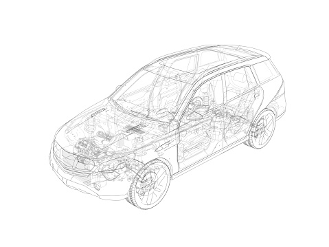 Suv technical drawing with all main internal parts.