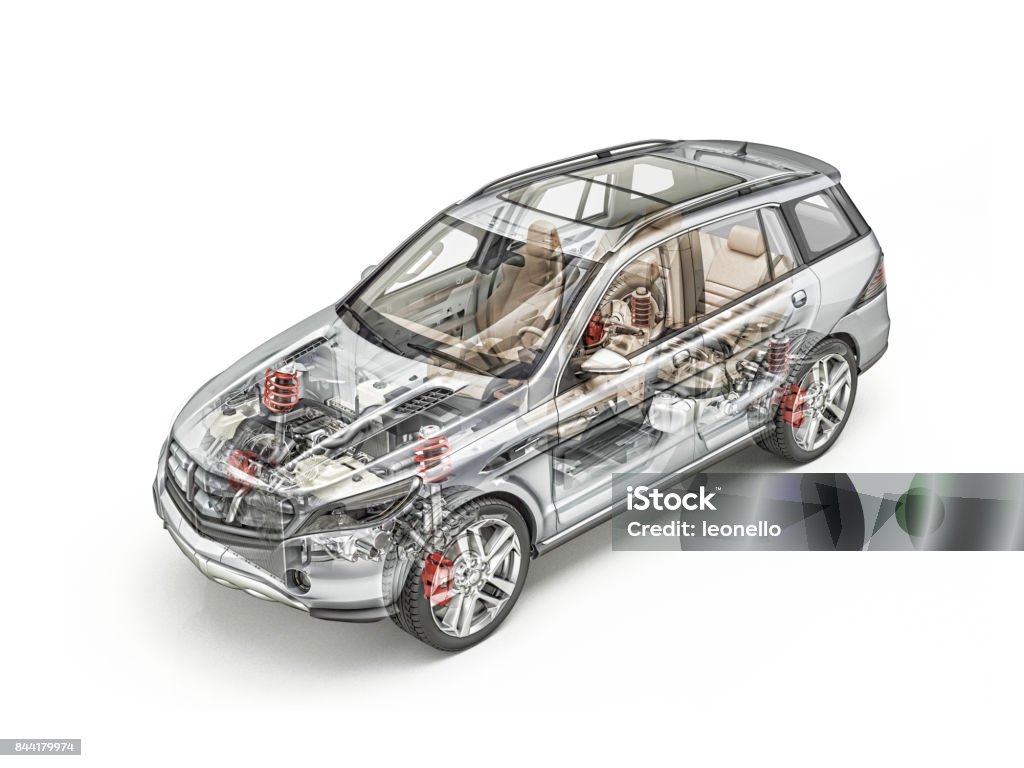 Suv car cutaway Generic Suv car detailed cutaway 3D realistic rendering. Hard look. With all main details in ghost effect. On white bacground. Clipping path included. Car Stock Photo