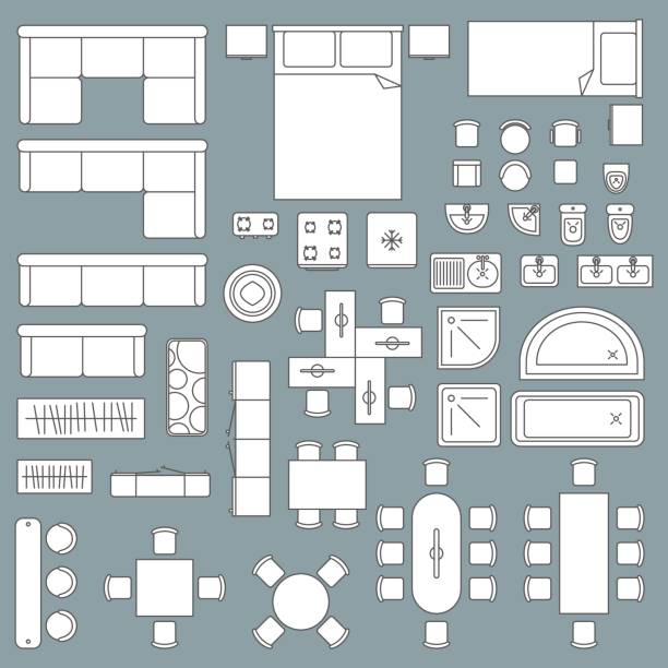 Furniture top view architecture plan Furniture top view architecture plan. Home and office graphic design, apartment technical drawing. Vector flat style illustration isolated on grey background building floor plan stock illustrations